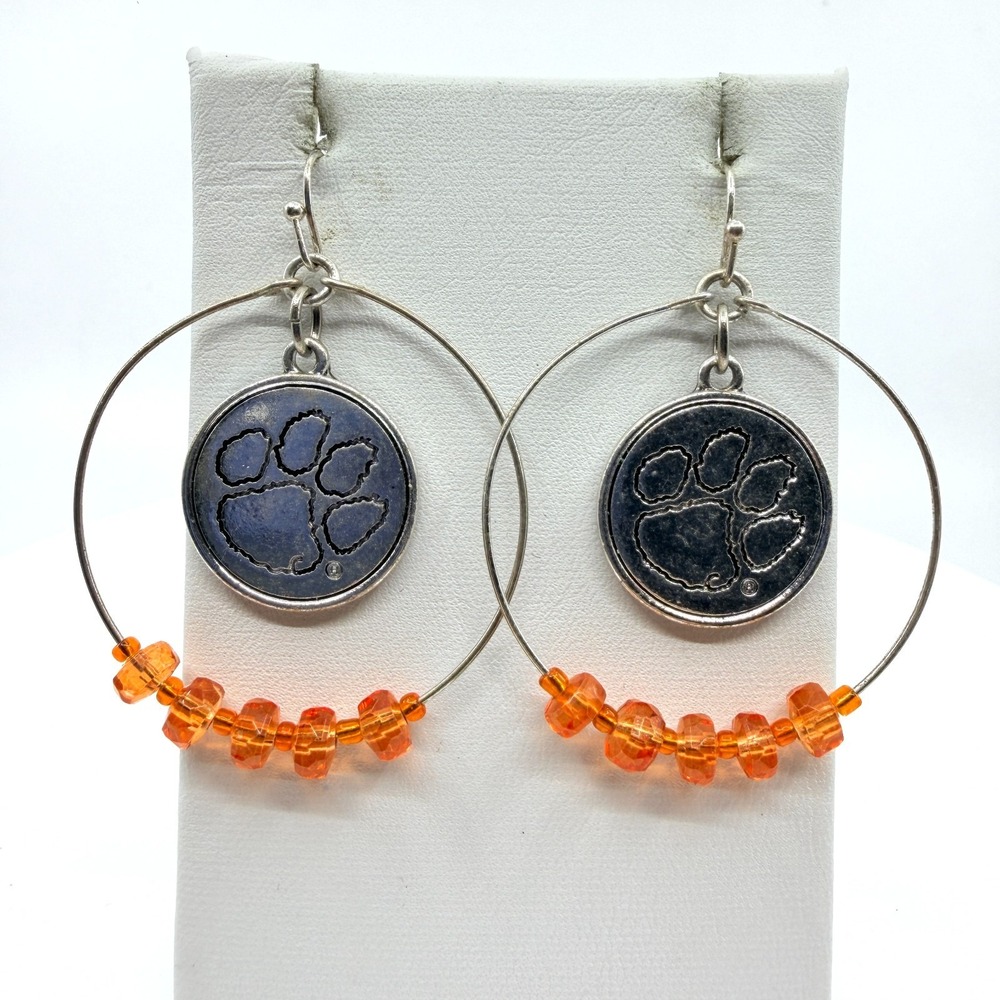 Silver Tone Orange Beaded Paw Print Hoop Earrings - Team Spirit Gift